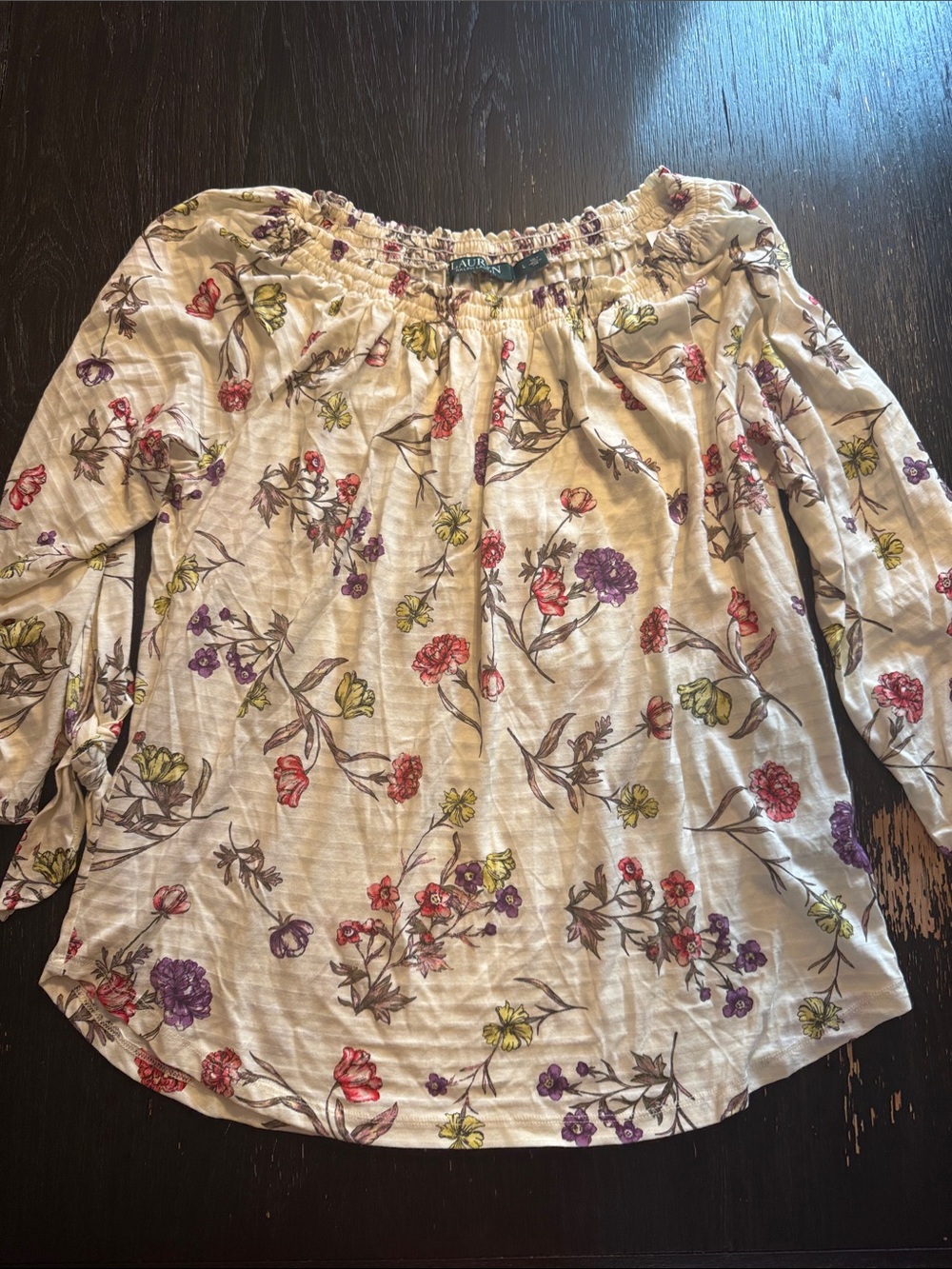 Women’s Floral Off-Shoulder Top — Cream with Pink, Purple & Green Flowers